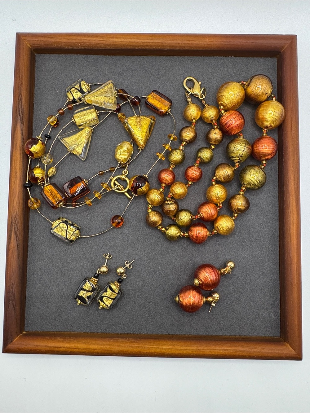 2x Vintage Murano Honey Brown and Gold-tone Necklace Sets with Matching Earrings